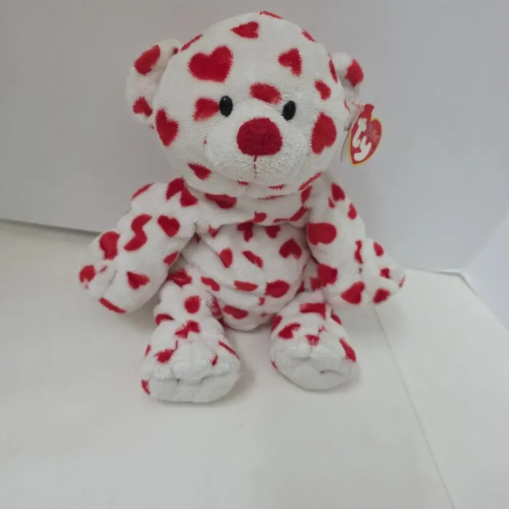 Ty Pluffies Dreamsy Bear 2007 Tylux White W/Red Hearts Valentines Day Plush Tags